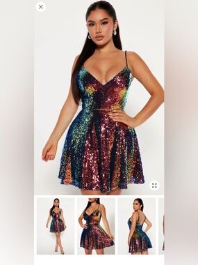 Fashion Nova Rainbow Sequin V-Neck Mini Dress